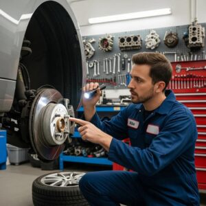 Mechanic inspecting brake pads and rotors in a garage, highlighting car maintenance and safety