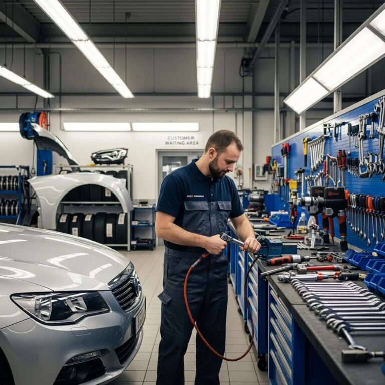 Mechanic working on a vehicle in an auto body shop, showcasing tools and equipment, emphasizing quality and affordability in auto repair services.