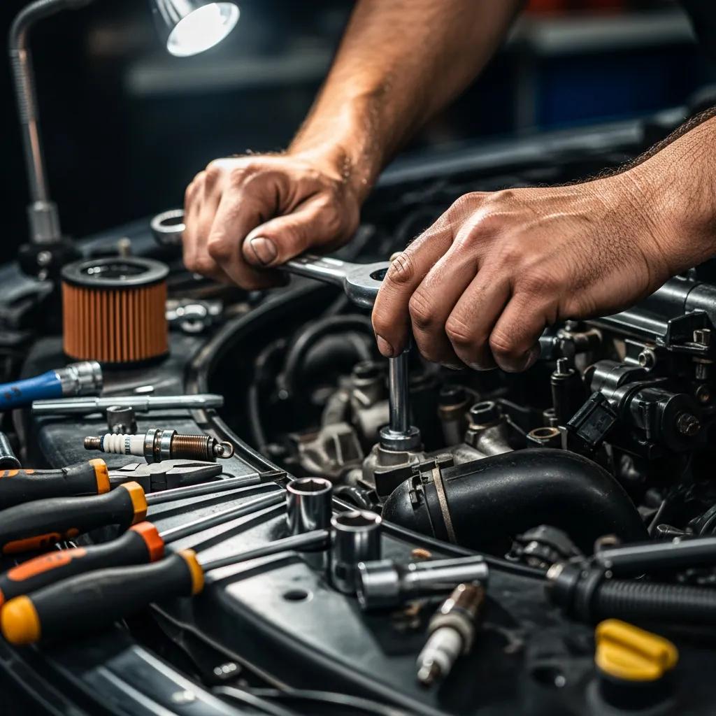Mechanic working on a car engine with tools, highlighting factors affecting auto body repair costs.