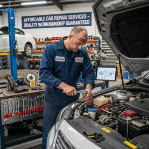 Mechanic performing car repairs in an auto repair shop, showcasing affordable car repair services and quality workmanship.