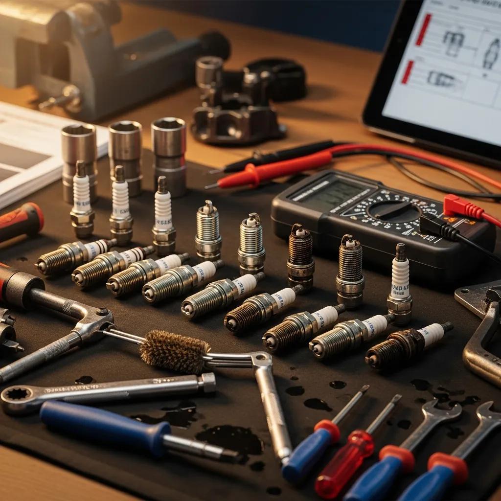Mechanics workspace featuring various spark plugs and tools, illustrating spark plug maintenance and replacement costs, with tools for checking plug condition and measuring gap.