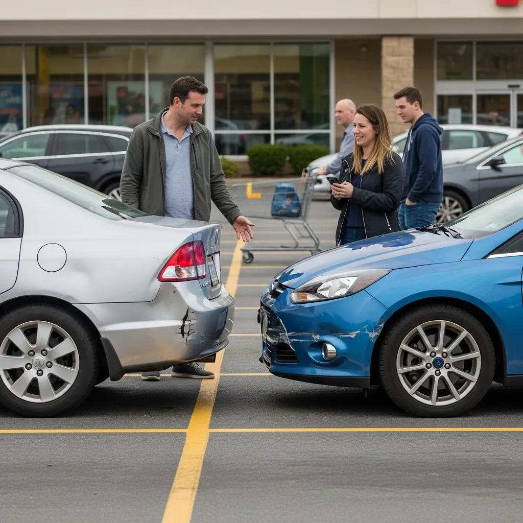 Minor car accident scene in a parking lot with two vehicles, a silver sedan and a blue car, showing visible damage; individuals discussing the incident, emphasizing the aftermath of a fender bender.