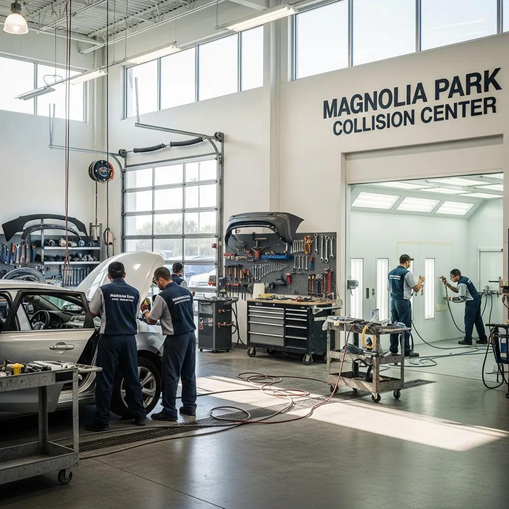 Technicians working on vehicles in a modern auto body repair shop at Magnolia Park Collision Center, featuring tools and equipment for collision repairs.