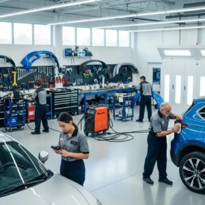 Auto body repair technicians working in a modern shop, using tools and equipment on vehicles, highlighting quality service and expertise at Prime Time Collision Center.