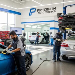 Technicians working in a modern auto body repair shop, showcasing professionalism and quality service in vehicle maintenance and repairs.