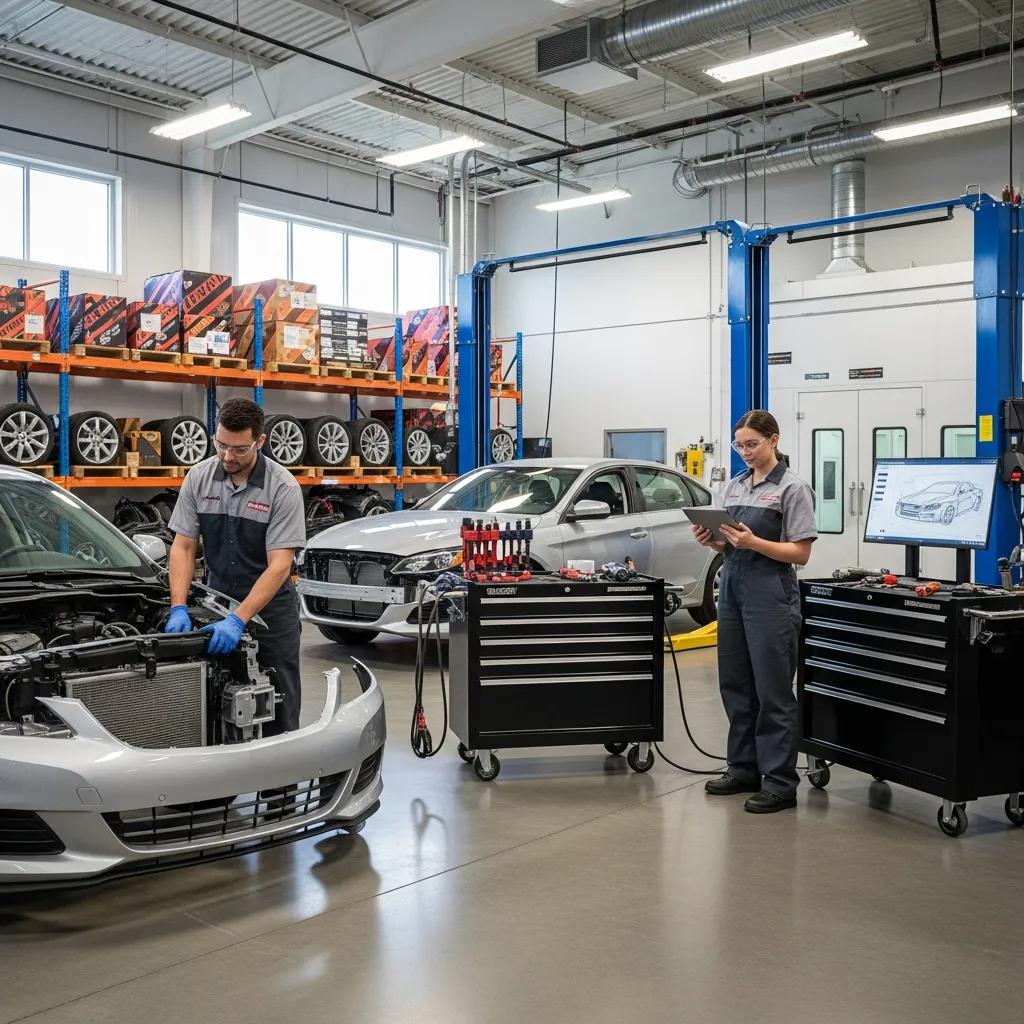 Technicians working on vehicles in a modern auto body repair shop, focusing on OEM parts and collision repair, with service tools and equipment visible.