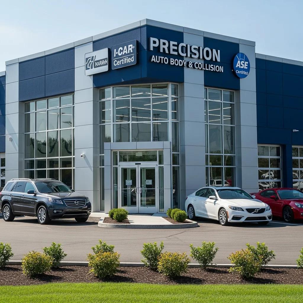 Modern auto body shop exterior featuring visible certifications, emphasizing trust and quality in vehicle repair, with parked vehicles and well-maintained landscaping.