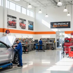 Modern auto body shop in Glendale with technicians repairing vehicles, showcasing tools and equipment for quality auto repairs.