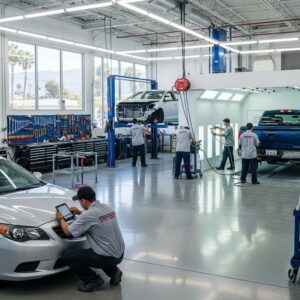 Auto body shop in La Crescenta with technicians repairing vehicles, showcasing a modern workshop environment and expert collision repair services.