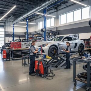 Technicians working on a silver sports car in a modern auto body shop, showcasing professional vehicle repair and maintenance expertise.