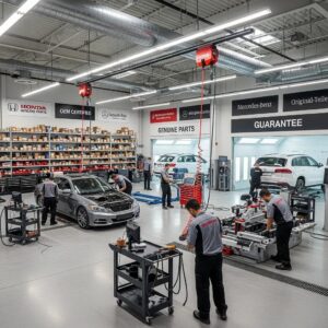 Modern auto body shop with technicians performing quality repairs on vehicles, emphasizing OEM certification and genuine parts.