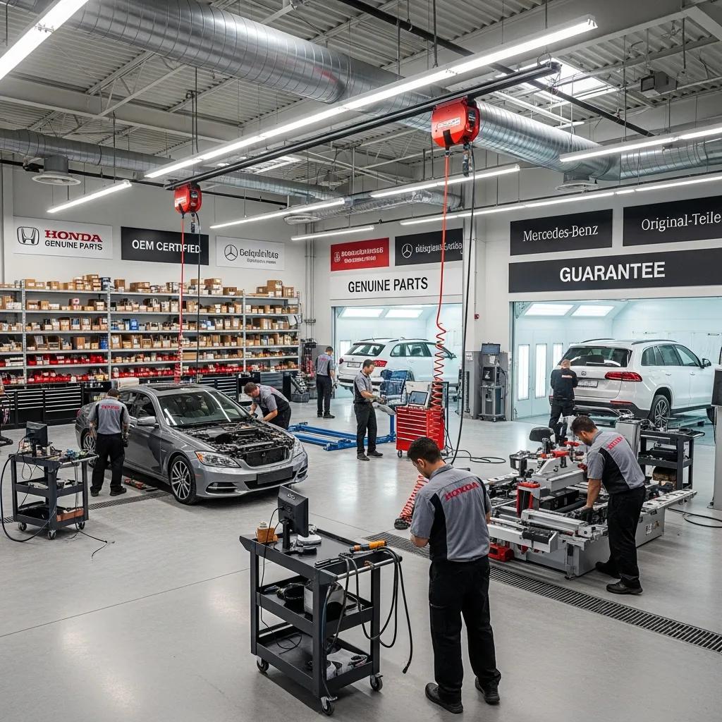 Modern auto body shop with technicians performing OEM-certified repairs on vehicles, emphasizing genuine parts and quality service.