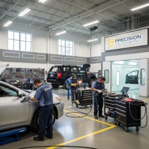 Auto body shop interior with technicians performing repairs on vehicles, emphasizing professionalism and quality service at a certified facility.