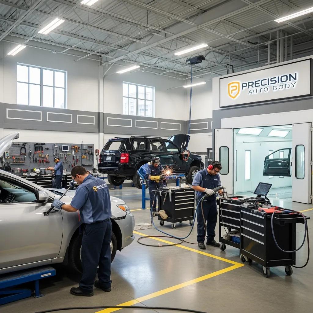 Modern auto body shop with technicians working on vehicles, emphasizing professionalism and quality service, featuring advanced equipment and organized workspace.