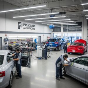 Auto body shop interior with technicians working on vehicles, showcasing professionalism and quality service at Precision Auto Works.