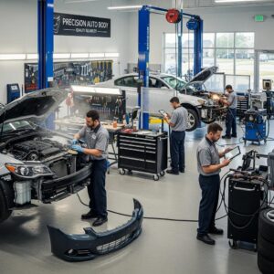 Technicians working in a modern auto body shop, repairing vehicles and ensuring quality service, highlighting customer satisfaction and expertise at Prime Time Collision Center.