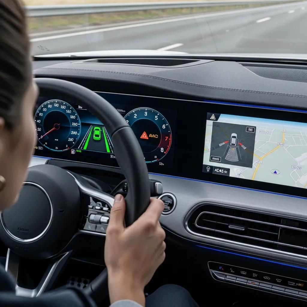 Modern car dashboard displaying advanced driver assistance systems (ADAS) features, including lane guidance and navigation, emphasizing vehicle safety and defensive driving techniques.