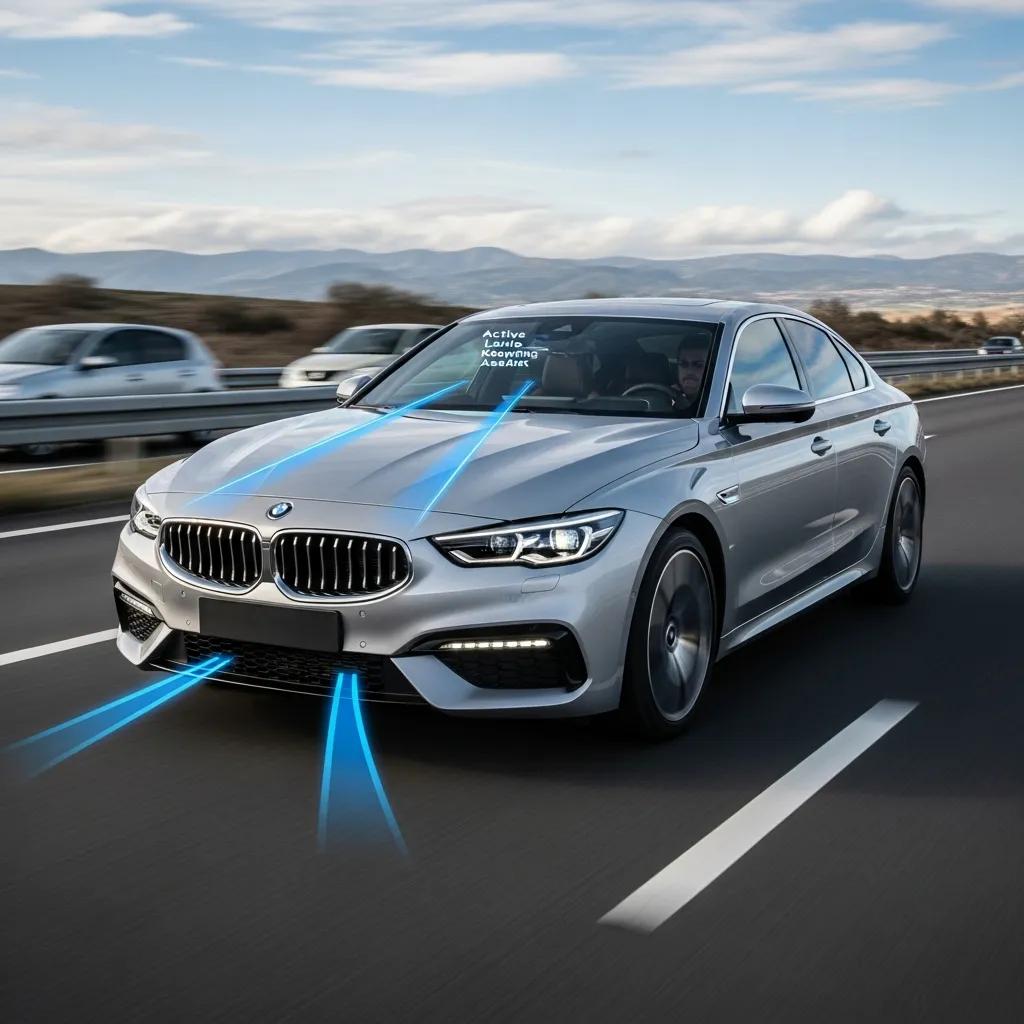 Modern silver BMW sedan demonstrating lane keeping assist technology on a highway with visual indicators showing active lane guidance.