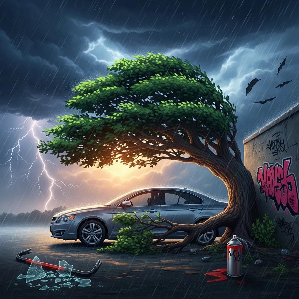 Parked car under a tree during a storm &mdash; example of non-collision damage covered by comprehensive insurance