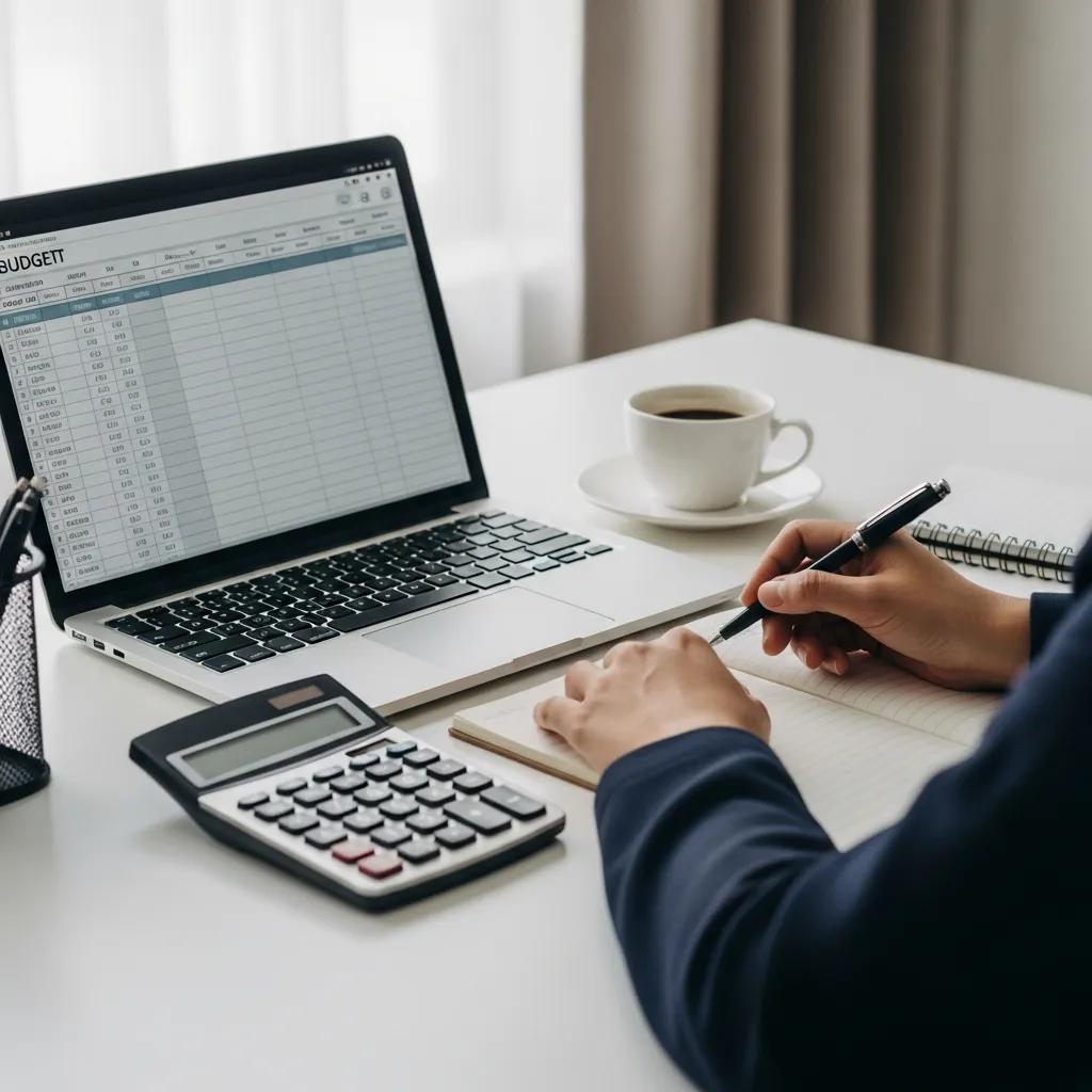 Person creating a used-car budget with laptop and calculator