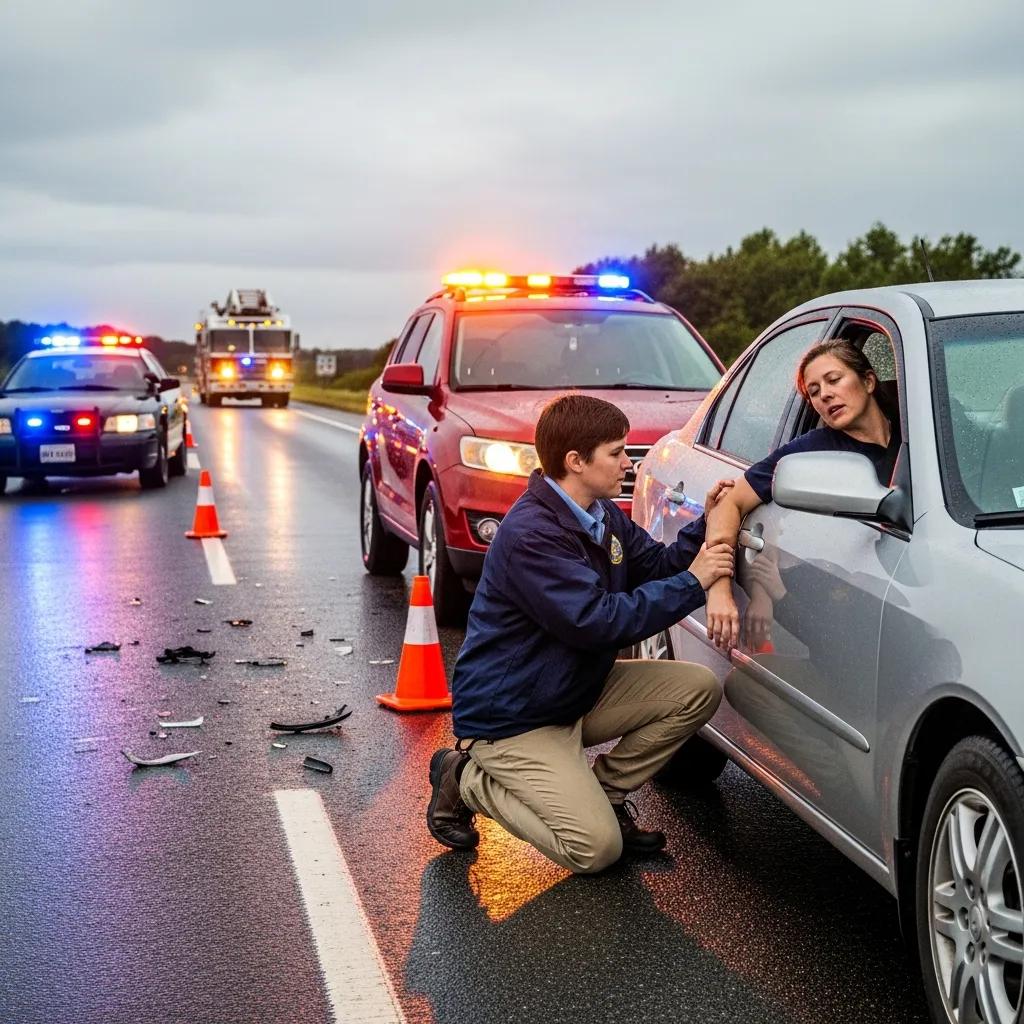 Someone checking for injuries at a minor crash while waiting for emergency responders