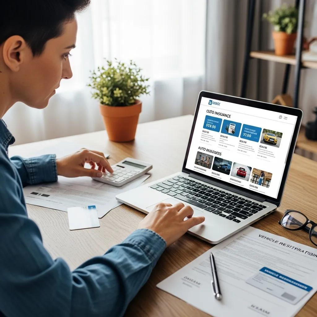 Person comparing auto insurance quotes on laptop with calculator and documents, emphasizing practical guidance for effective insurance evaluation.