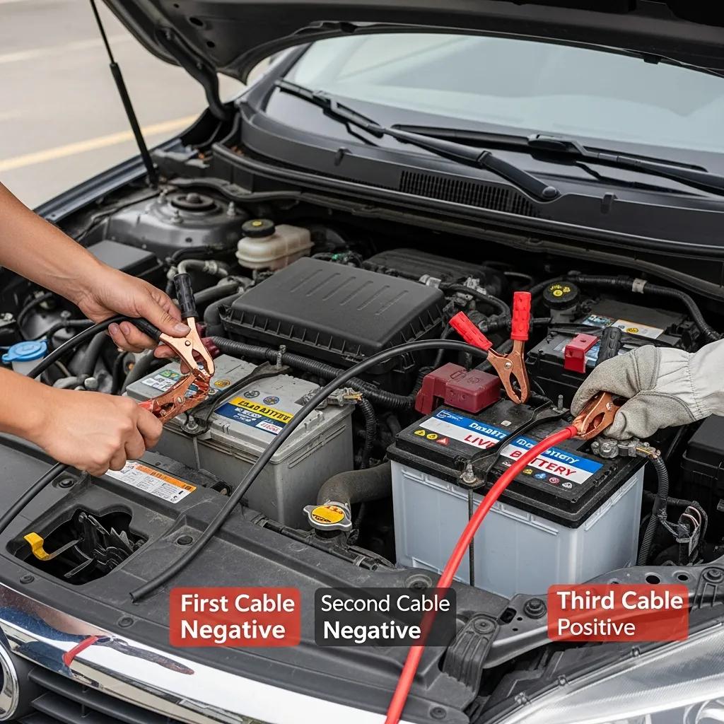 Person removing jumper cables from a car battery following safe steps