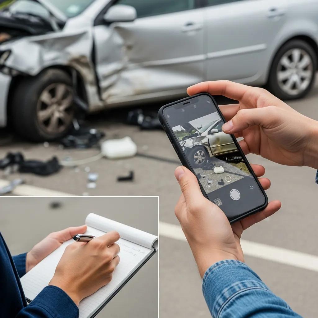 Person taking photos and notes at a car accident scene to support a Progressive insurance claim