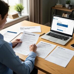 Person reviewing auto insurance claim paperwork and using a laptop at a desk, illustrating the process of filing an auto insurance claim.