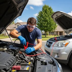 Person jump starting a car with safety gear and jumper cables in an outdoor setting