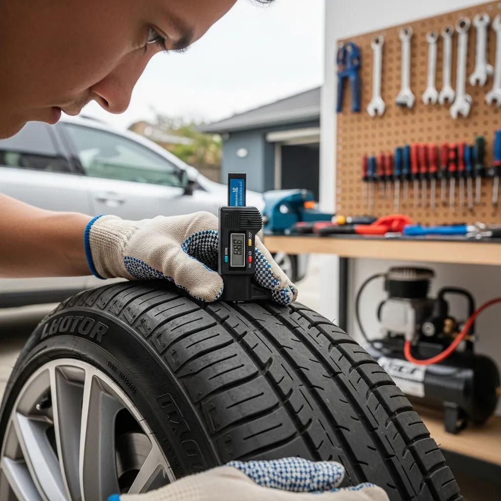 Person using a tread depth gauge in a garage to check tire condition