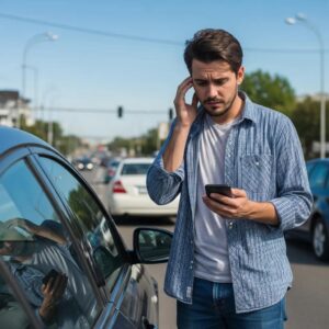 Person standing next to a damaged car, looking stressed while using a smartphone, representing the challenges of filing an auto body insurance claim.