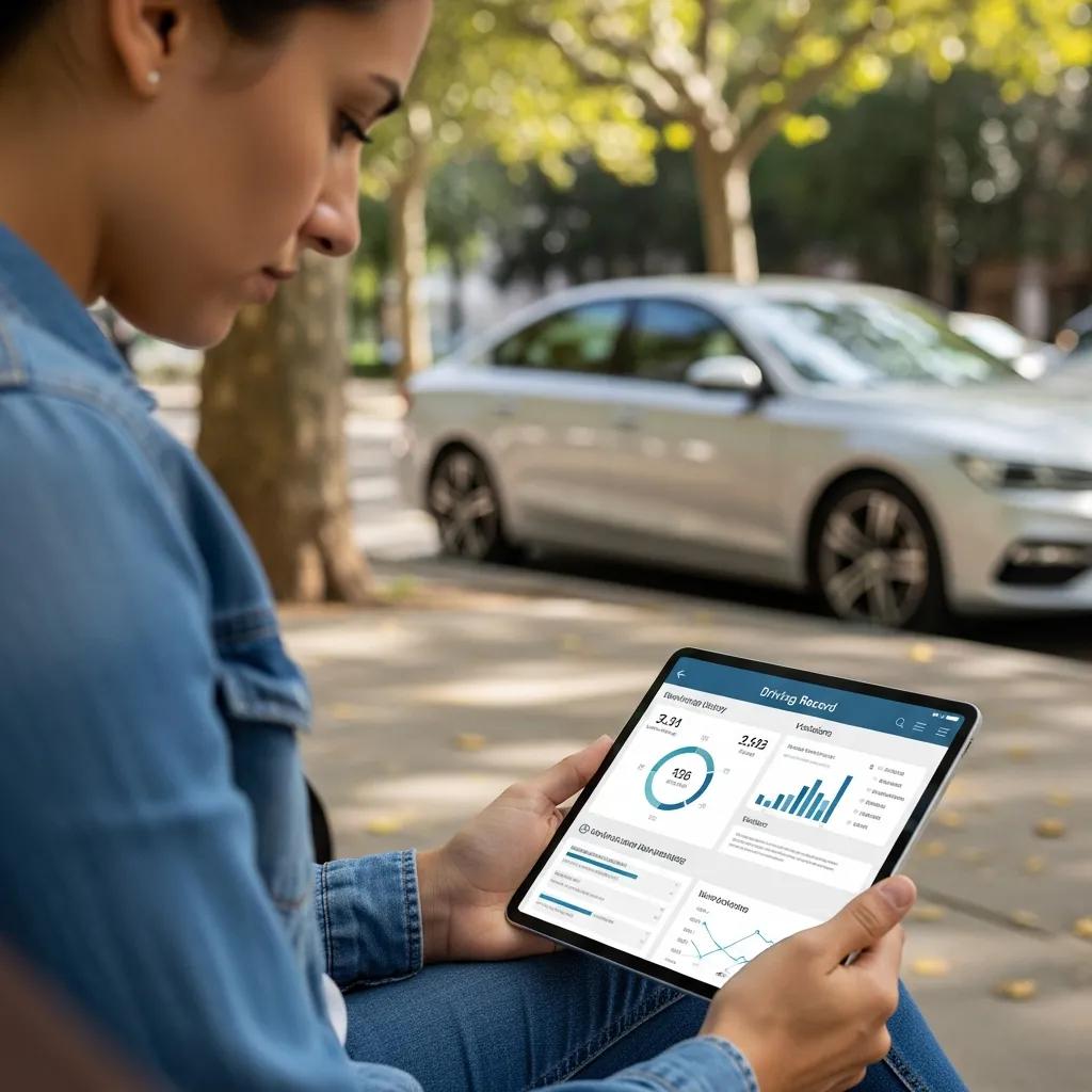 Person reviewing driving record data on a tablet, highlighting the impact of driving history on car insurance rates, with a parked car in the background.