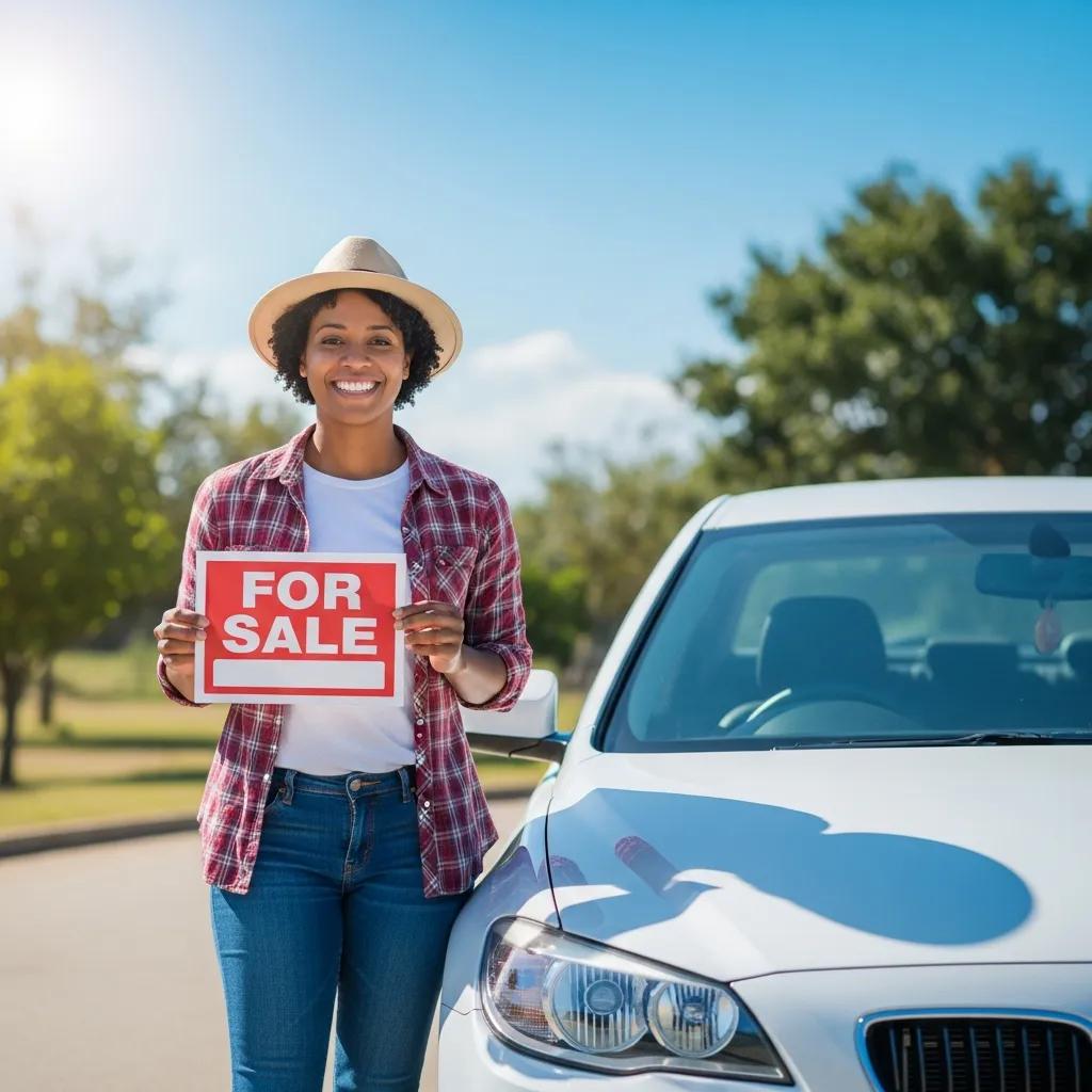 Person selling a car privately with a 'For Sale' sign in a sunny outdoor setting