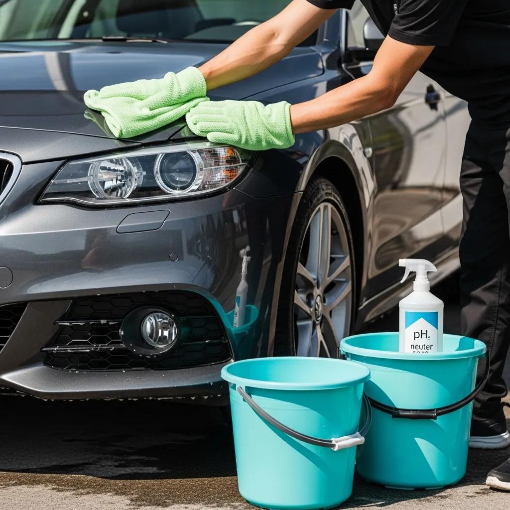 Person washing a car using the two-bucket method with microfiber mitt and pH-neutral soap in a shaded area