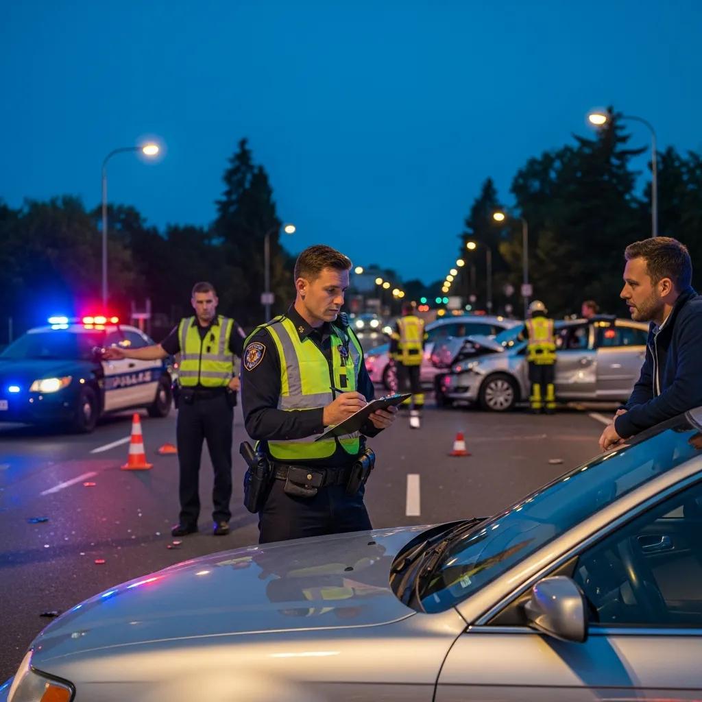 Police officers documenting a car accident scene with emergency responders assisting drivers, highlighting the importance of police reports for insurance claims and safety after a collision.