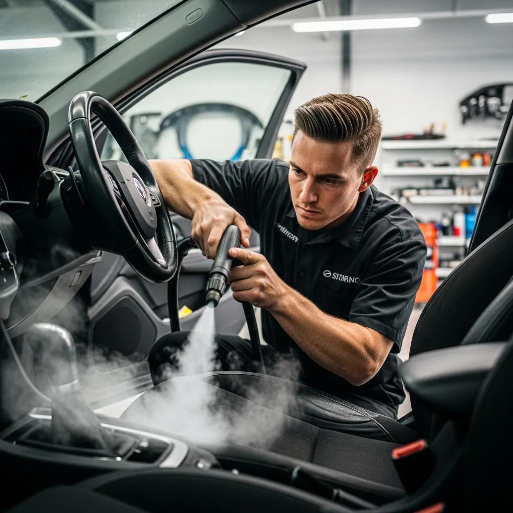 Detailer using steam cleaner on a car seat to remove stains &mdash; precision cleaning in action