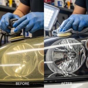 Professional technician restoring car headlight clarity with specialized tools
