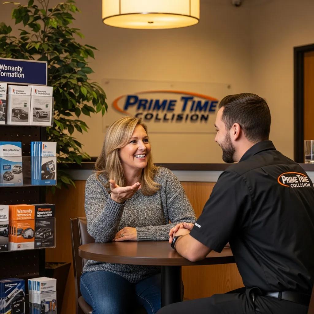Satisfied customer engaging with staff at Prime Time Collision, discussing warranty information and customer care in a welcoming auto body shop environment.