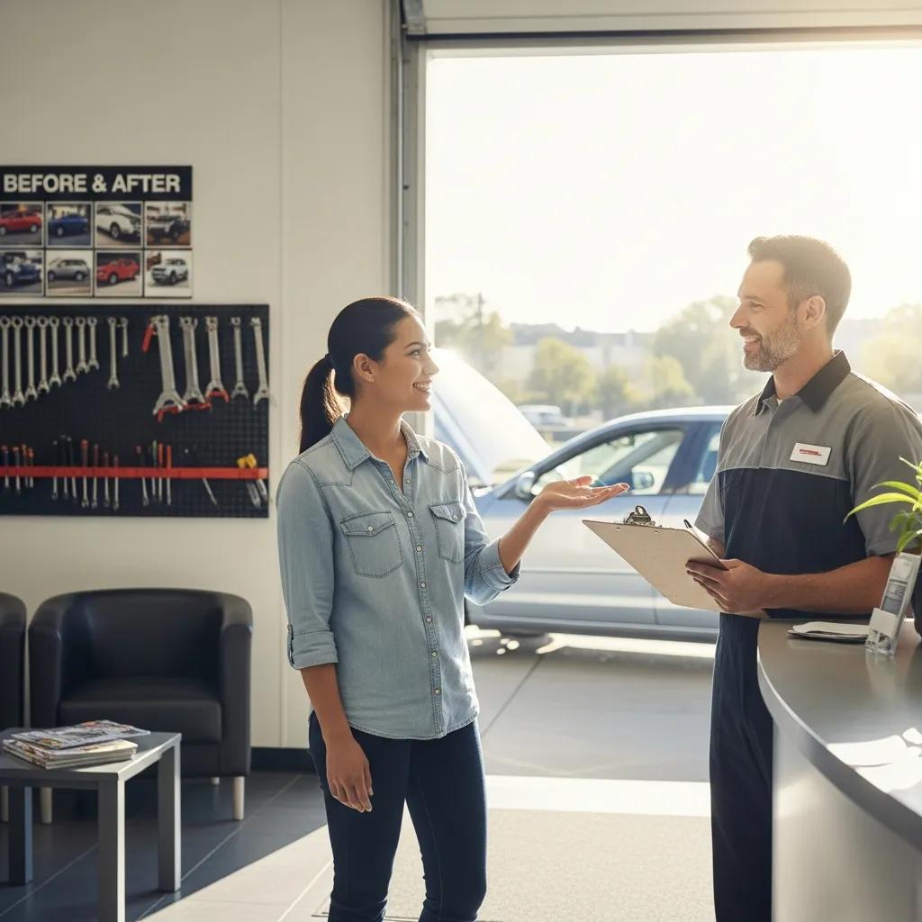Customer interacting with a service technician in an auto body shop, showcasing trust and satisfaction, with tools and before-and-after images in the background.