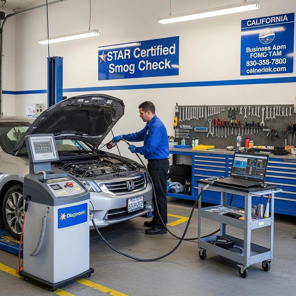 Technician performing a smog check on a Honda vehicle at a STAR Certified smog check station in California, with diagnostic equipment and tools visible in the background.