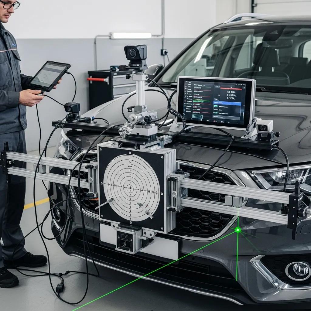 Technician calibrating ADAS sensors using diagnostic equipment