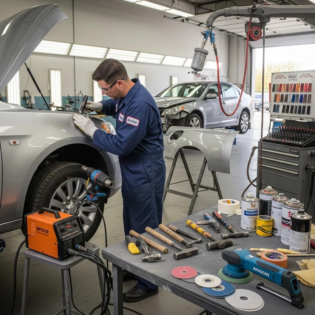 Technician performing traditional dent repair on a vehicle, using specialized tools and equipment in an auto repair shop, with various tools and materials visible on a workbench.