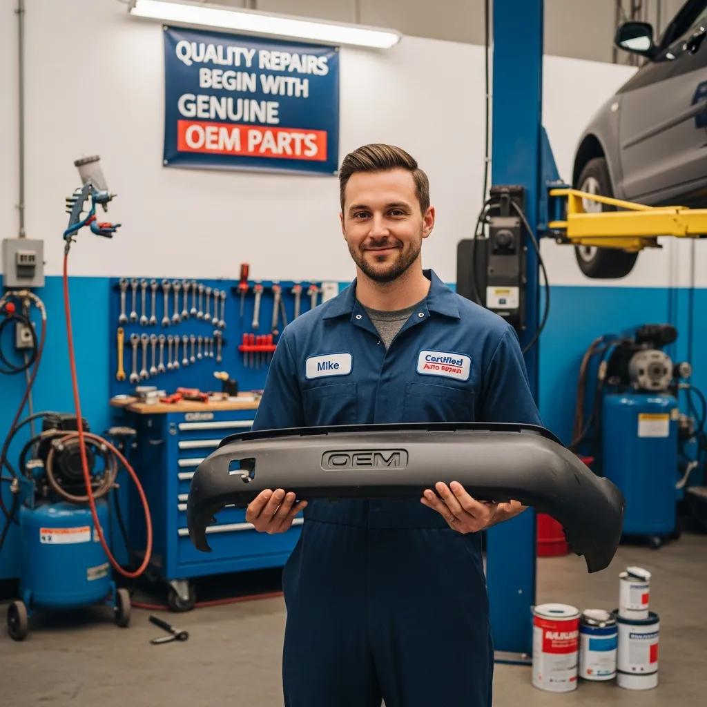 Technician holding genuine OEM auto parts in a repair shop, emphasizing quality repairs and certified collision services.
