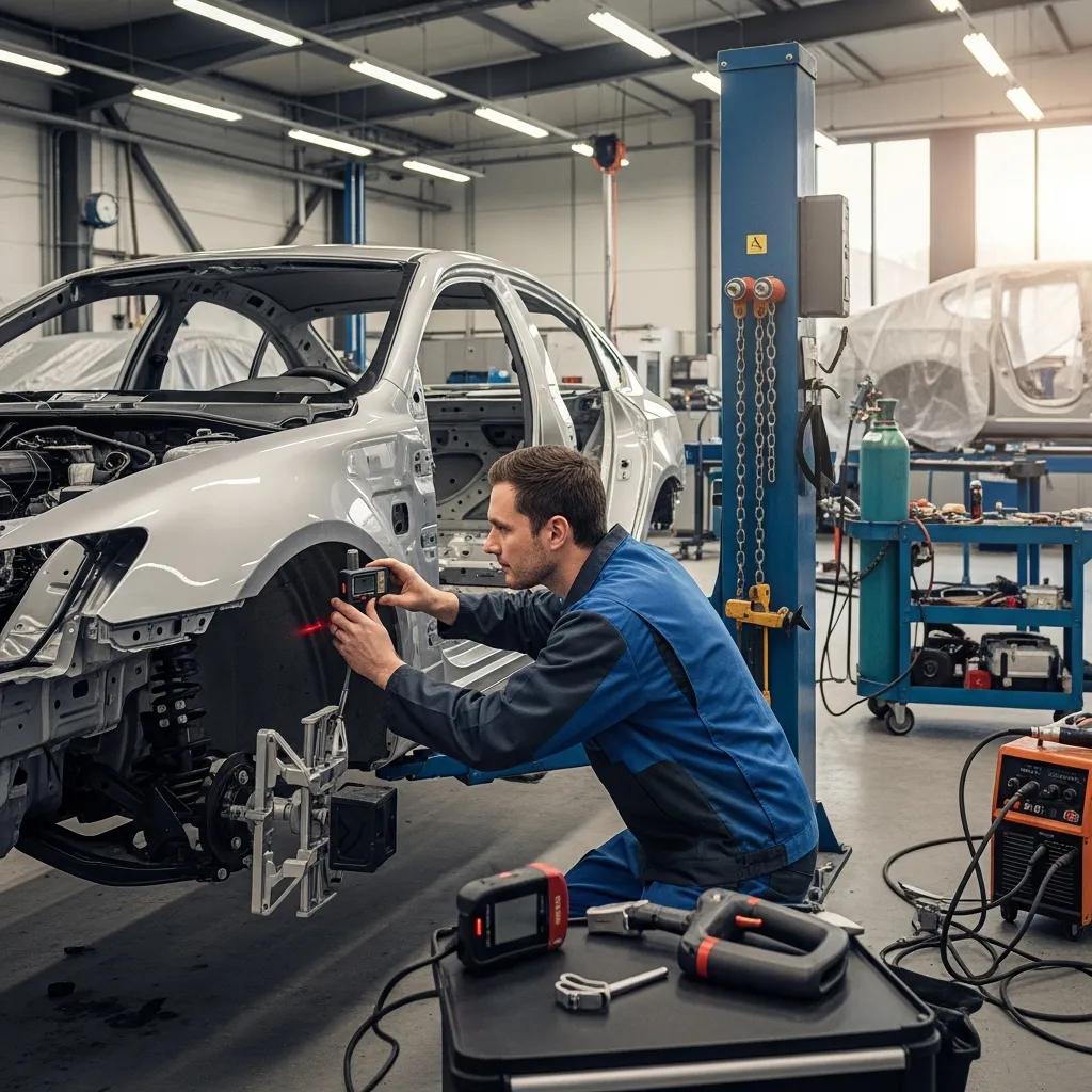 Technician inspecting vehicle frame in auto body shop, utilizing diagnostic tools to assess collision damage and ensure precise repairs.