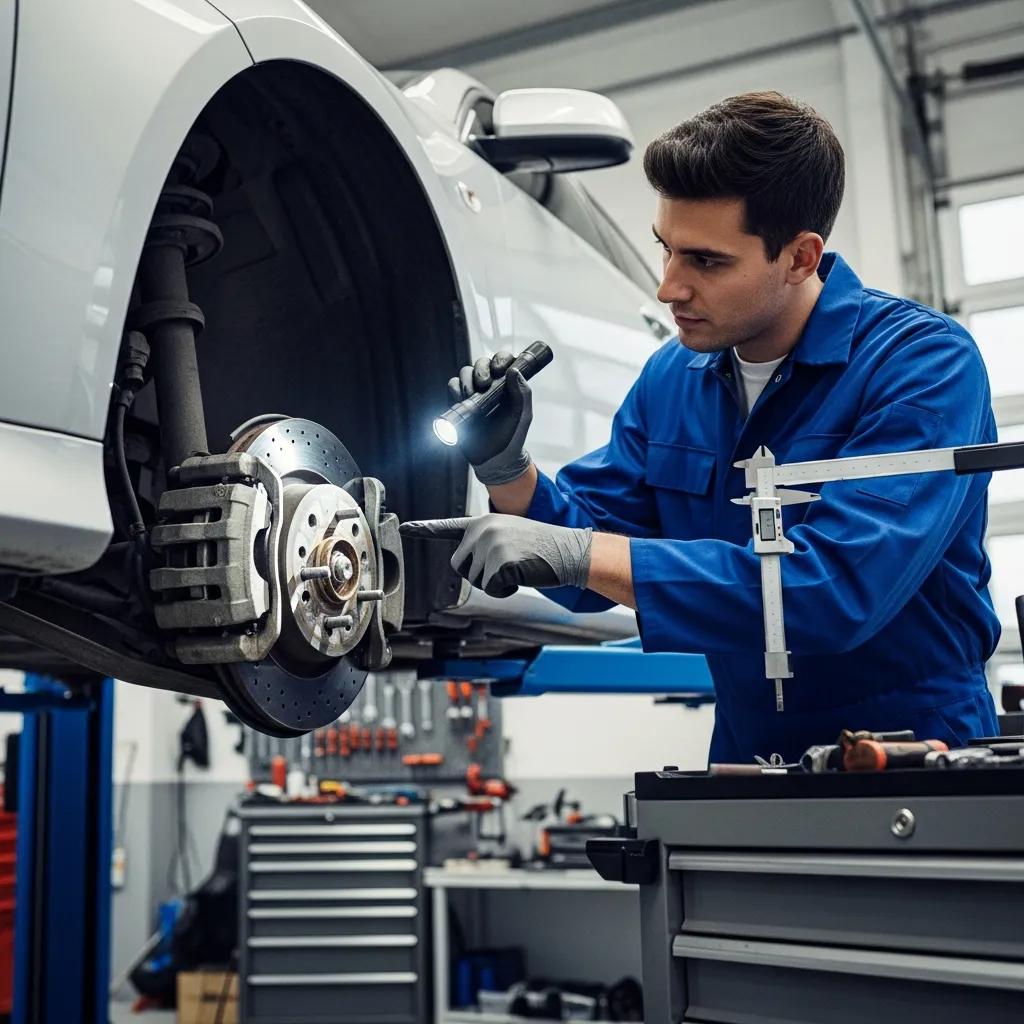 Technician inspecting brake pads and rotors with a flashlight during a preventative maintenance check in an auto repair shop, emphasizing vehicle safety and performance.