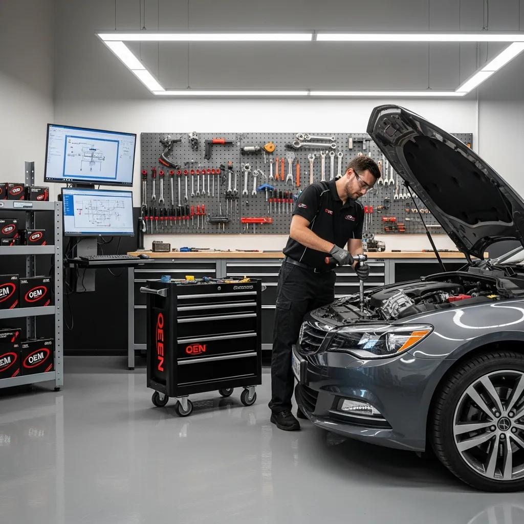 Technician performing OEM-certified repairs on a vehicle in a modern workshop, emphasizing quality service and long-term value in collision repair.