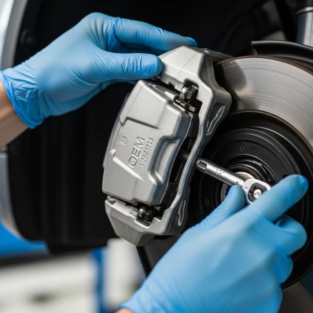 Technician installing OEM brake caliper on vehicle wheel, emphasizing quality and precision in auto body repair.