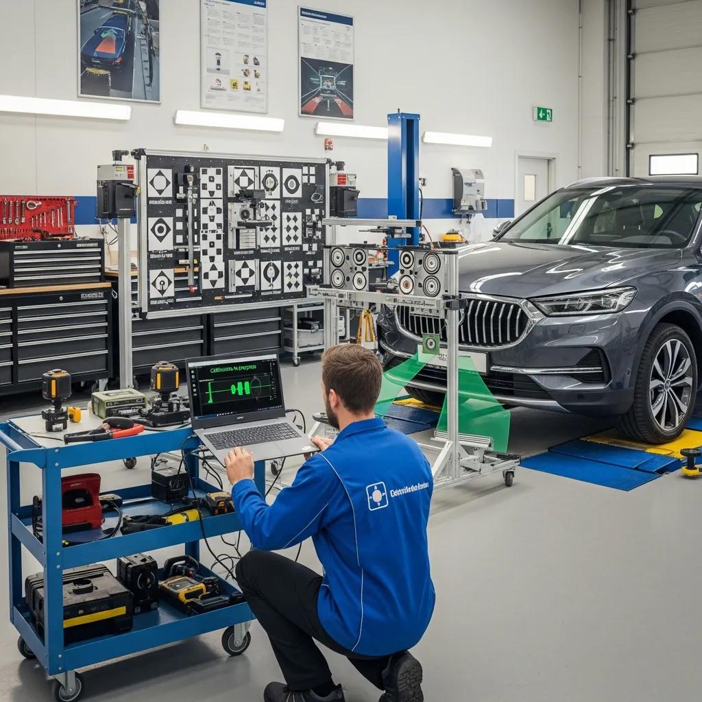 Technician performing ADAS calibration on a vehicle in a modern auto body shop, highlighting the importance of safety systems and precise sensor alignment for effective collision repair.