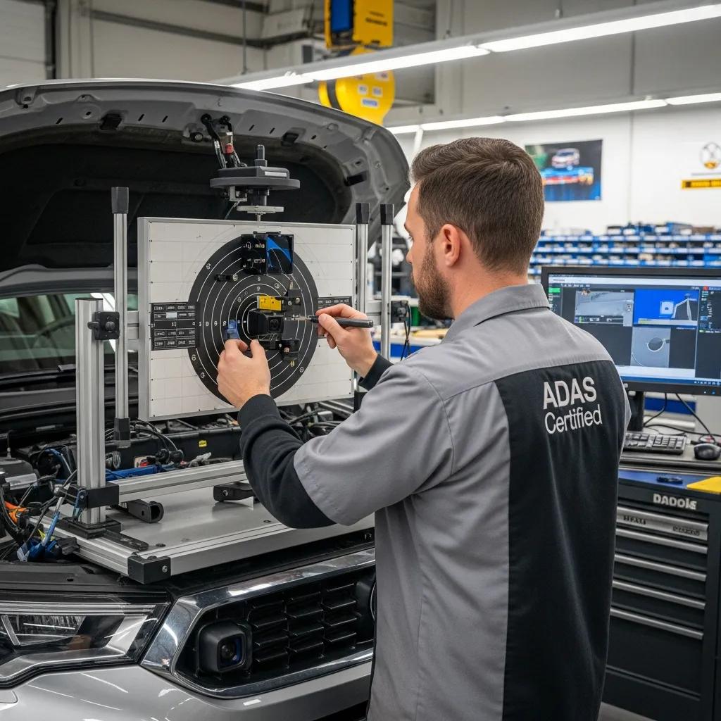 Technician performing OEM-certified ADAS calibration on vehicle, using precision alignment equipment to ensure accurate sensor functionality for Lane Keeping Assist and other safety systems.